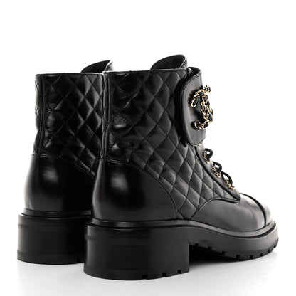 Chanel Shiny Calfskin Quilted Lace Up Combat Boots 40.5 Black 4 of 9