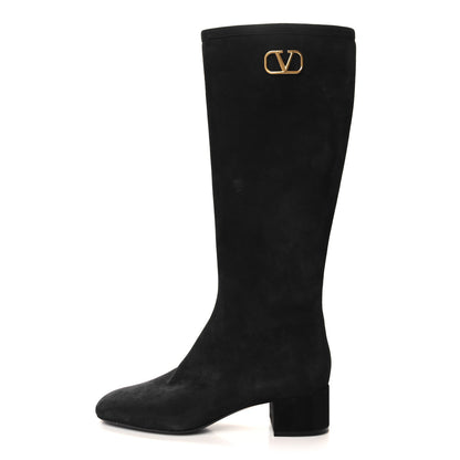 Valentino Garavani Suede VLogo Knee High 45mm Boots 40 Black 1 of 7