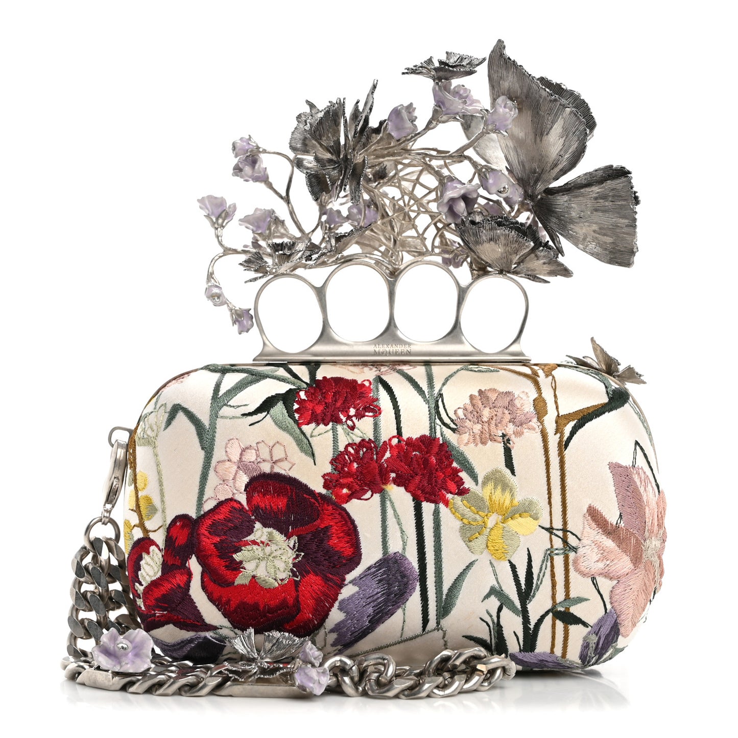 Satin Embroidered Flower Butterfly Knuckle Duster Box Clutch White Multicolor