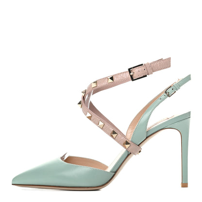 Valentino Garavani Nappa Rockstud Cross Strap Slingback 90mm Pumps 37 Morning Dew Poudre 1 of 11