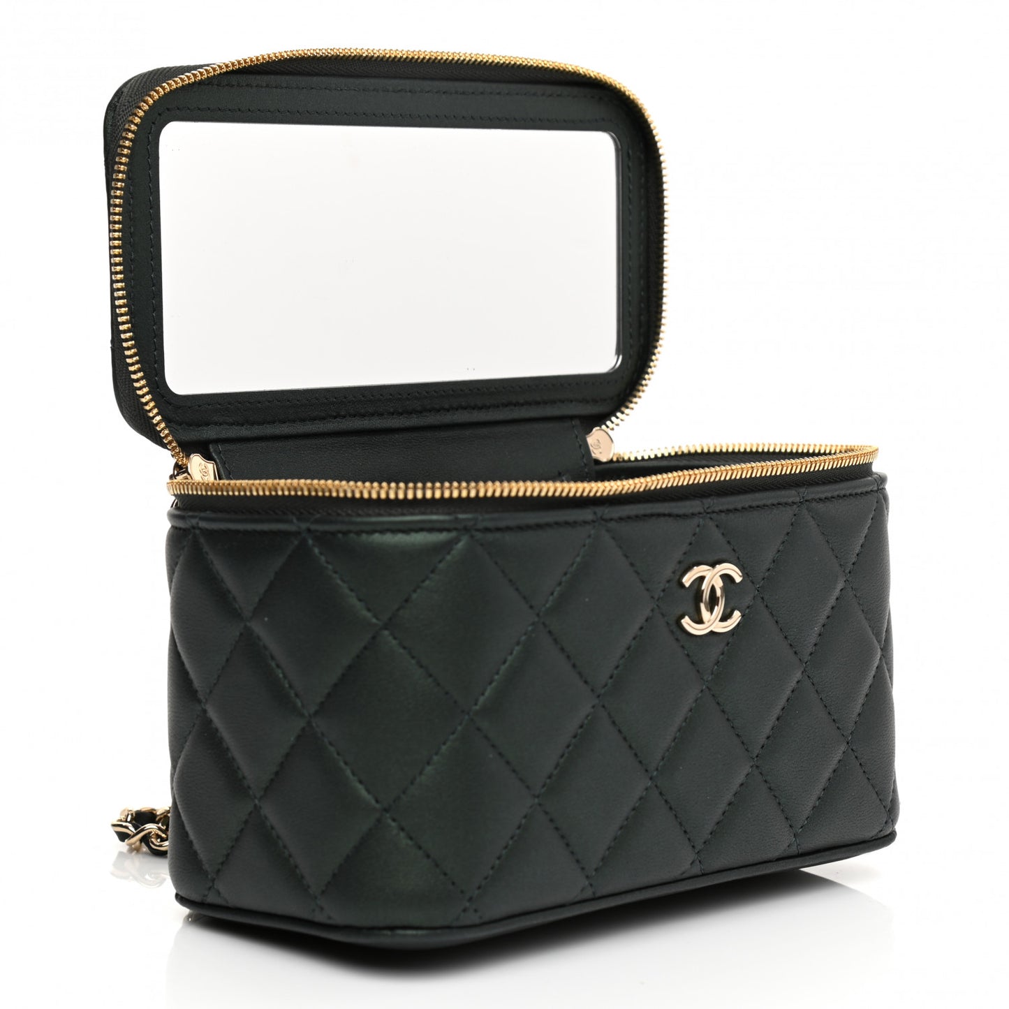 Iridescent Lambskin Quilted Small Top Handle Vanity Case With Chain Dark Green