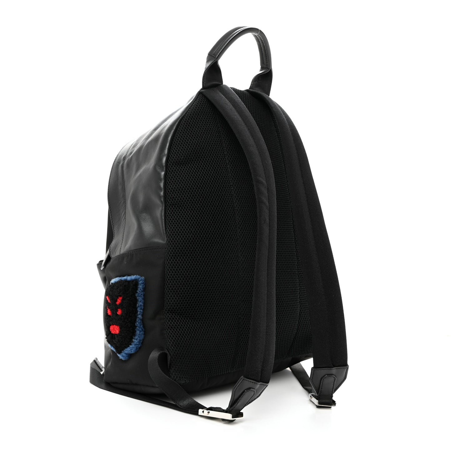 Nylon Calfskin Shearling Emoticon Backpack Black
