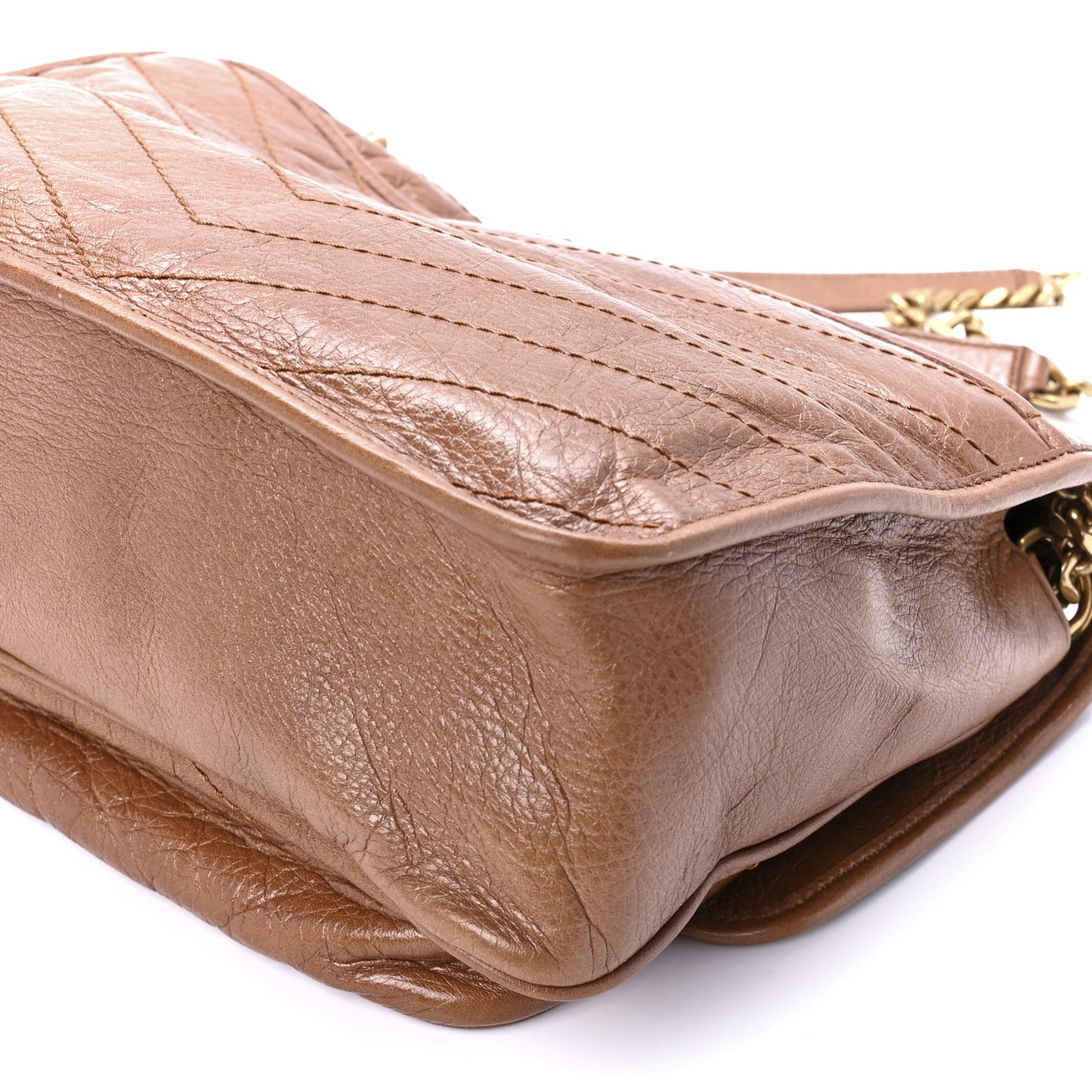 Crinkled Calfskin Matelasse Monogram Medium Niki Chain Satchel Caramel