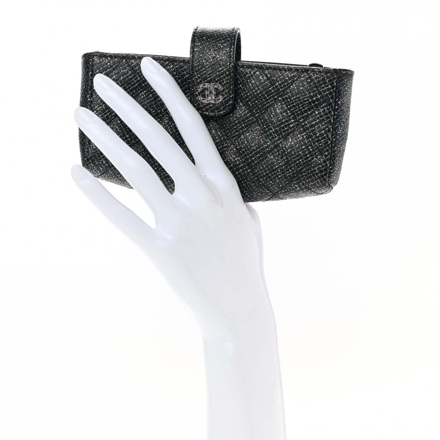 Glitter Calfskin Quilted Mini Phone Holder Clutch Black