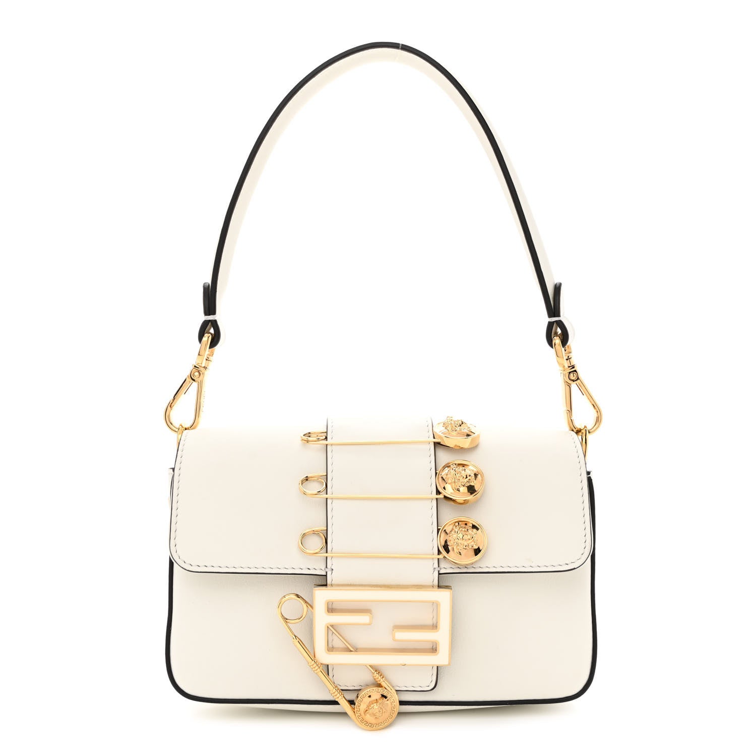 Fendi X VERSACE Vitello Seta Fendace Mini Brooch Baguette White Ice 1 of 10