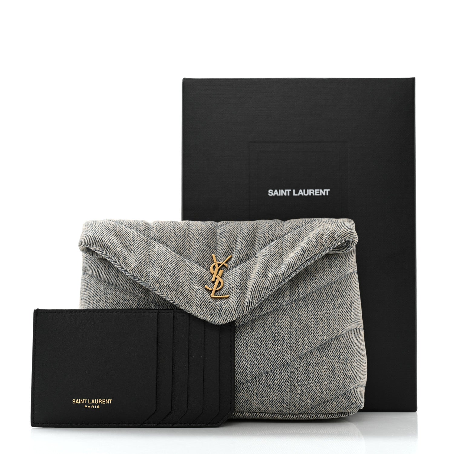 Saint Laurent Denim Quilted Monogram Loulou Puffer Pouch Clutch Blue Gray Light Azur 11 of 11