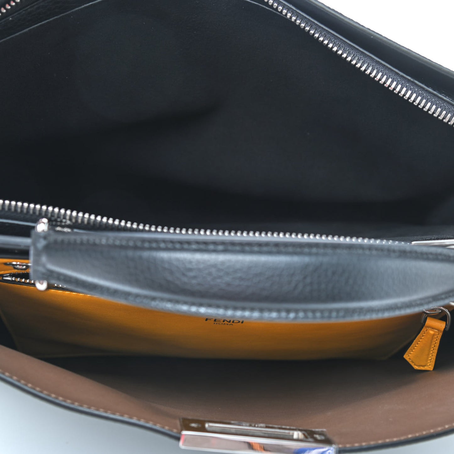 Cuoio Romano Vitello Cover Glazed Fabric Bi-Color FF 1974 Medium Peekaboo I SEE U Satchel Black Mimosa Tobacco Moro