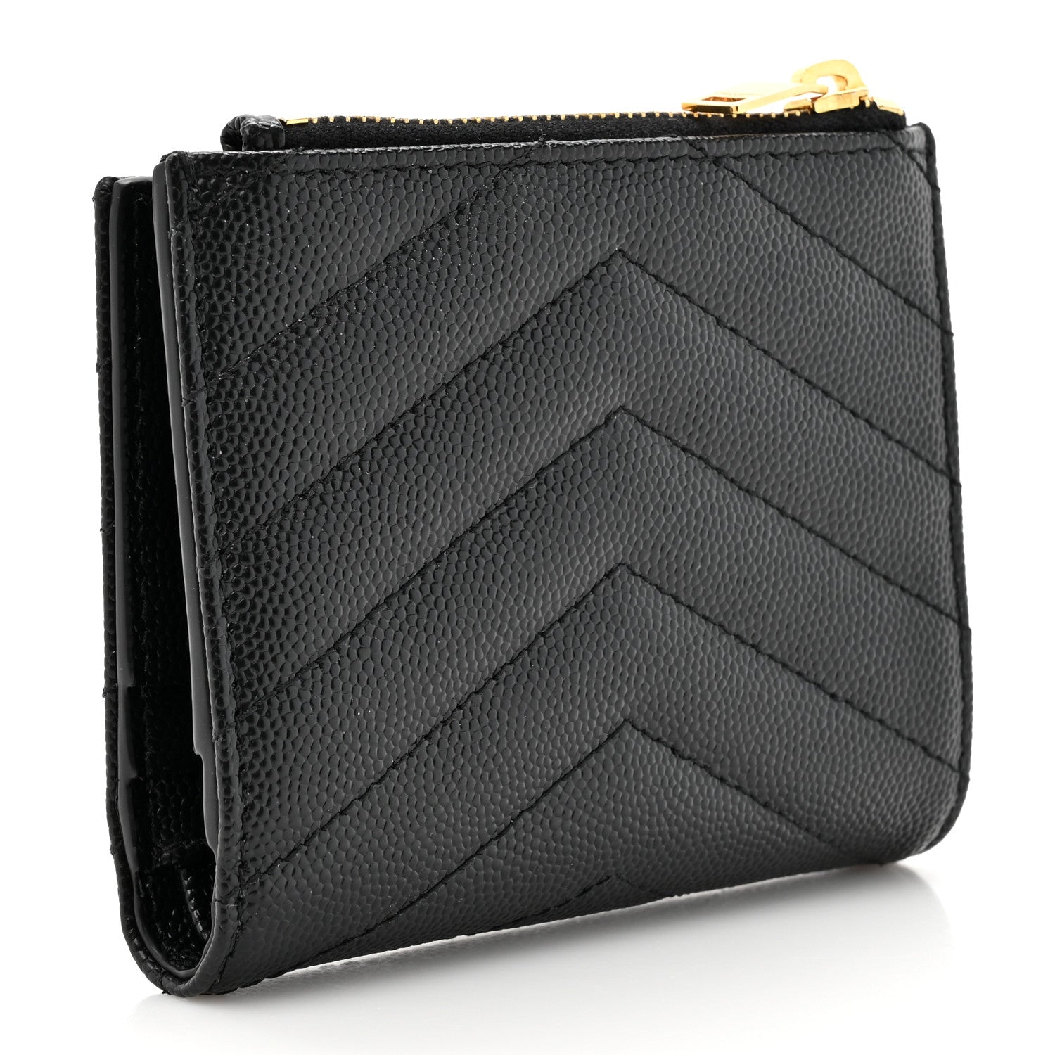 Saint Laurent Grain De Poudre Matelasse Chevron Monogram Compact Wallet Black 3 of 9