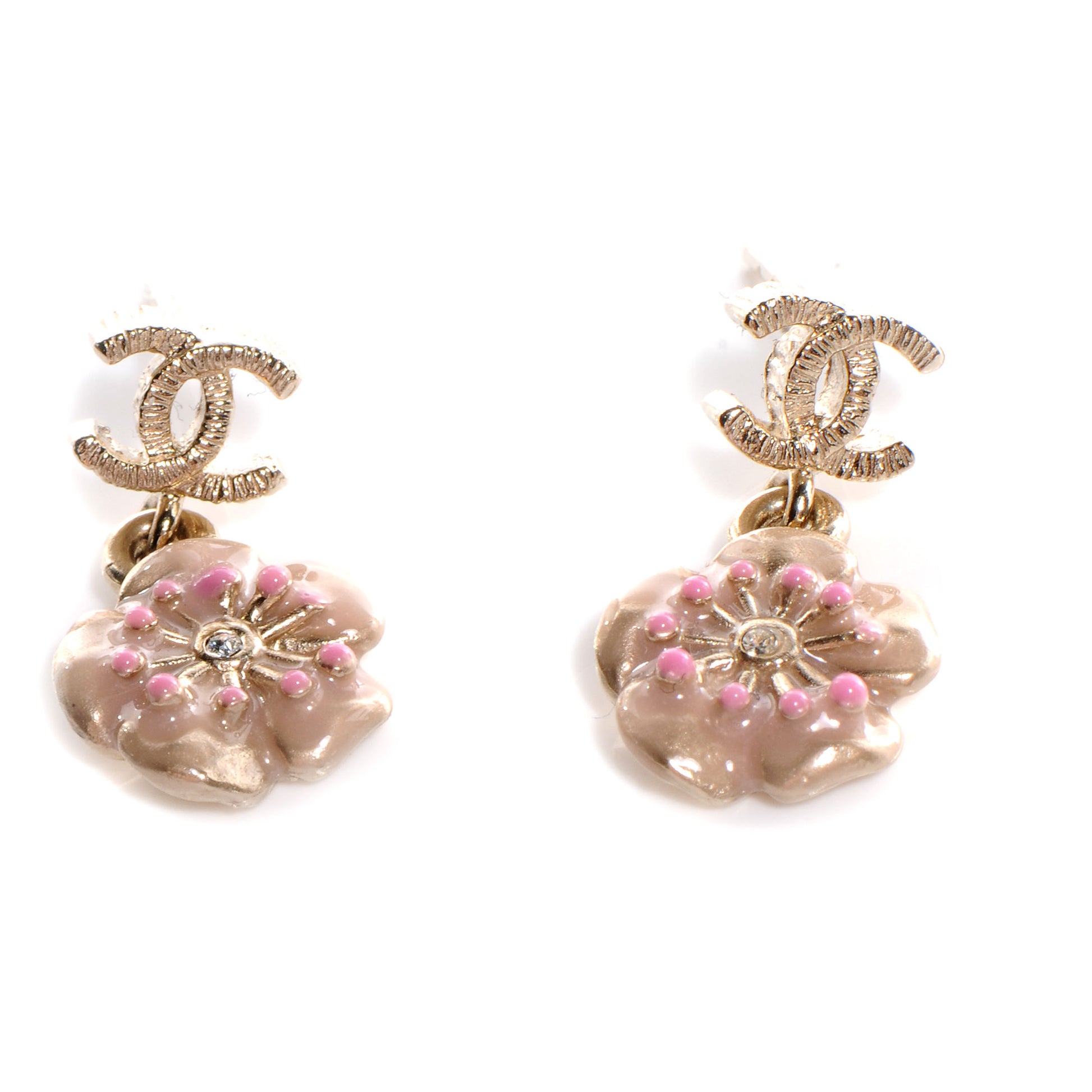 Chanel Enamel CC Camellia Earrings Gold Pink 1 of 5