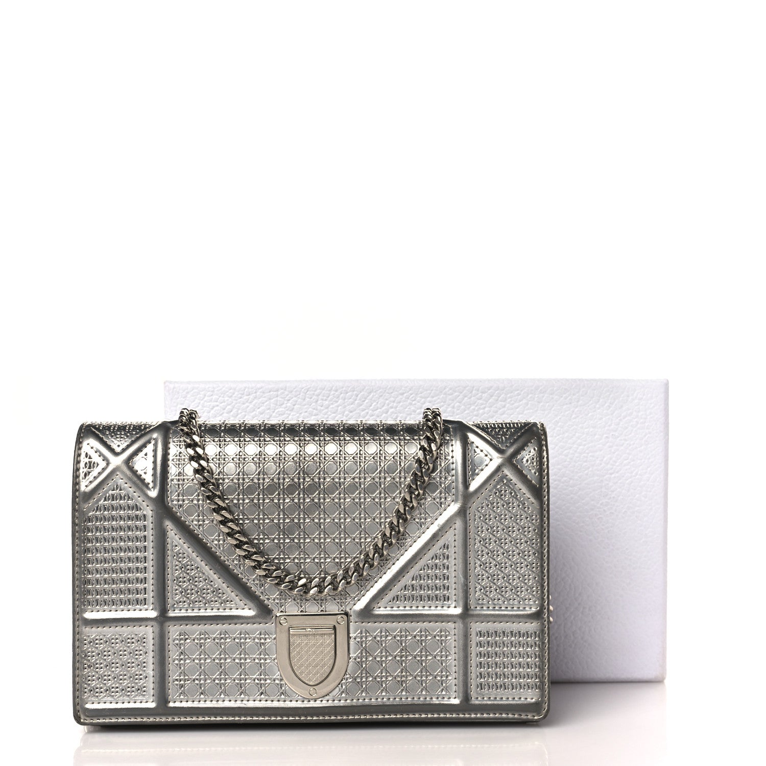 Christian Dior Metallic Patent Micro-Cannage Diorama Wallet on Chain Pouch Silver 11 of 11