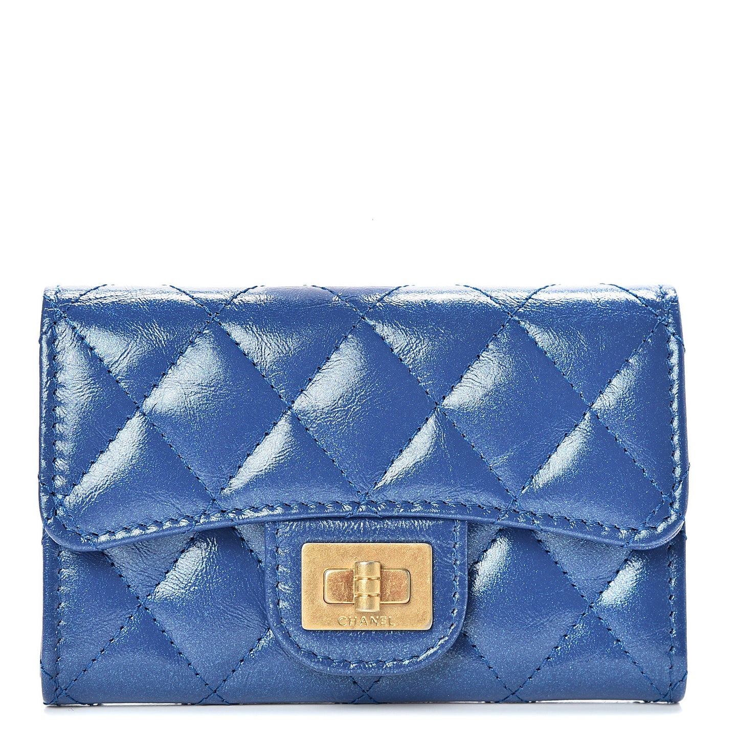 Glittered Aged Calfskin Quilted Reissue Flap Card Holder Blue