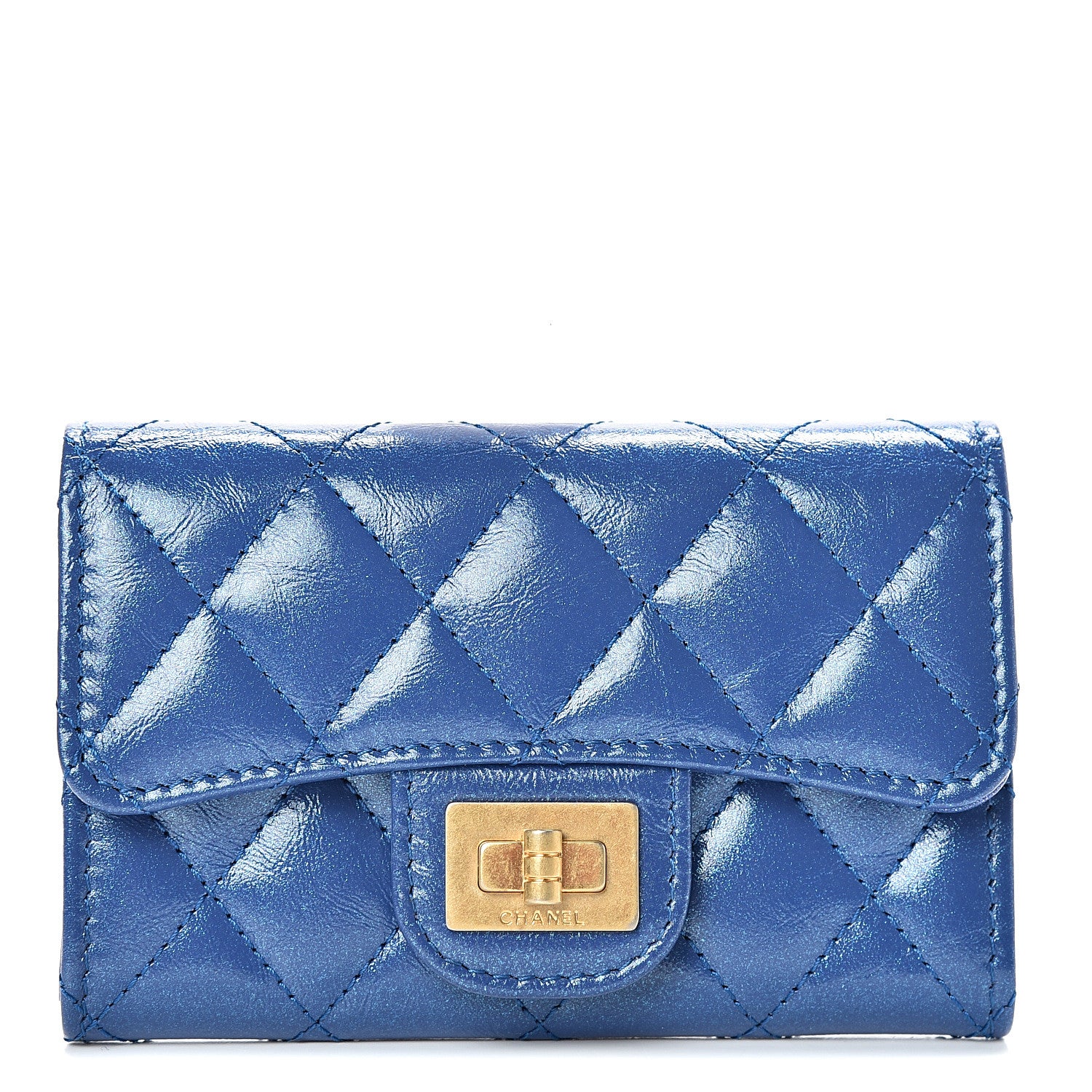 Chanel Glittered Aged Calfskin Quilted Reissue Flap Card Holder Blue 1 of 8