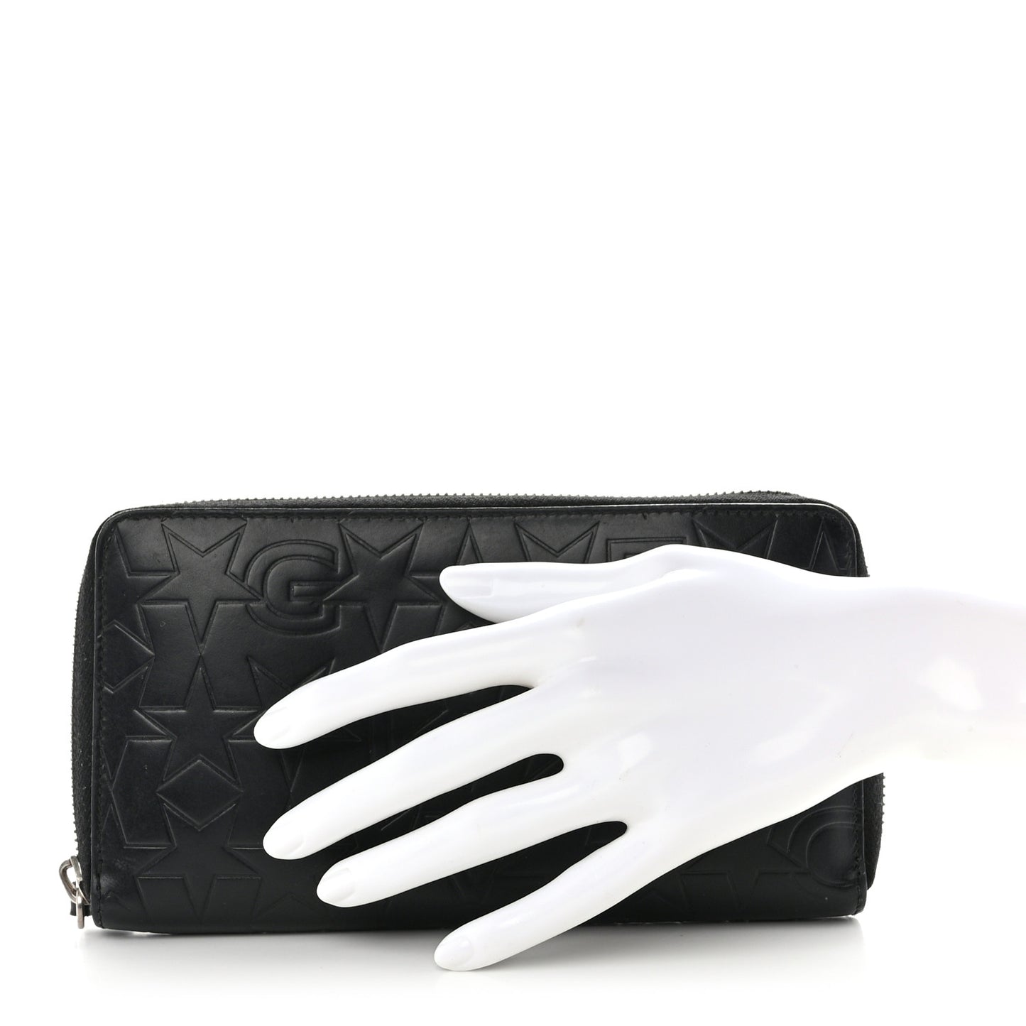 Calfskin Logo Star Embossed Zip Around Wallet Black