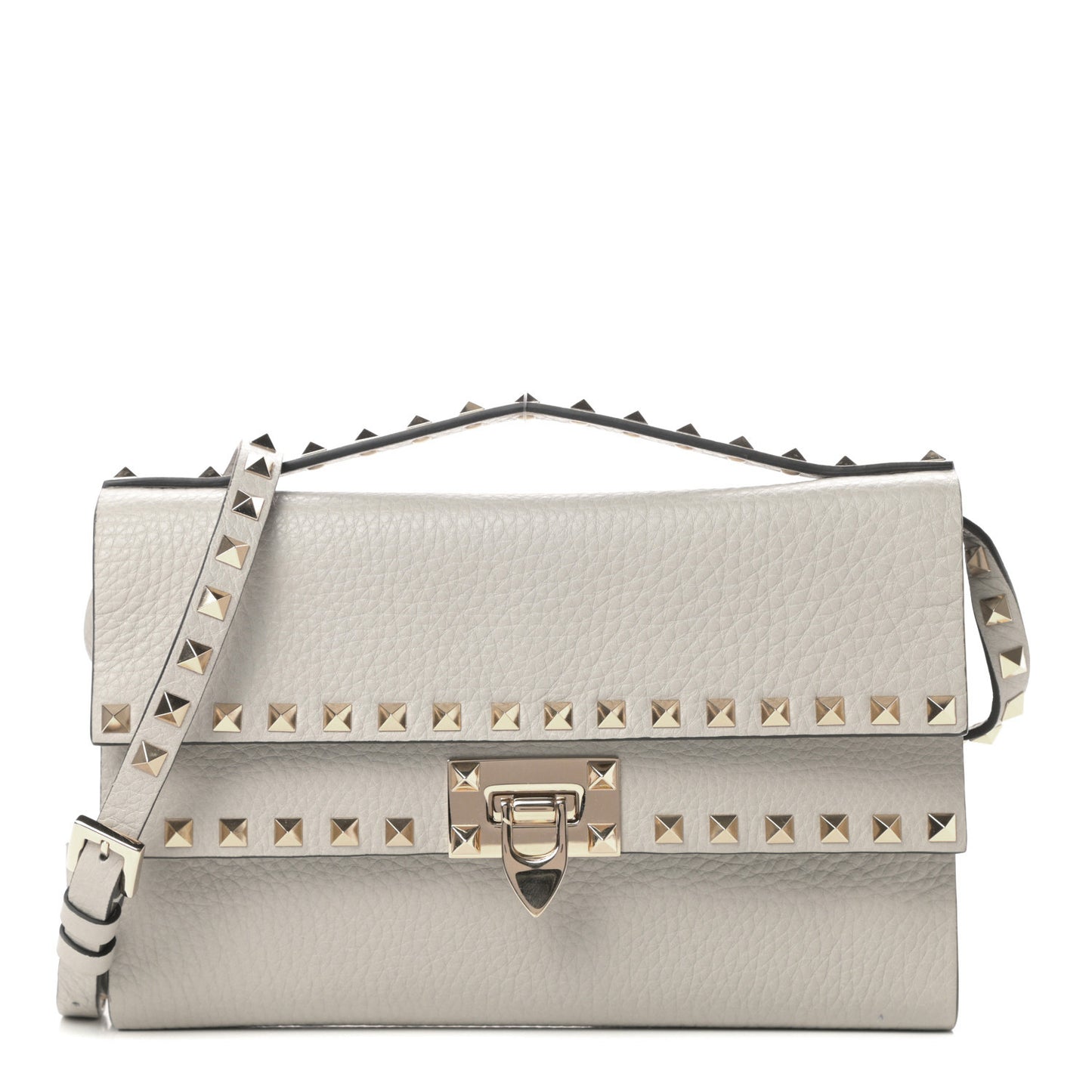 Grainy Calfskin Rockstud Double Flap Crossbody Bag Light Grey