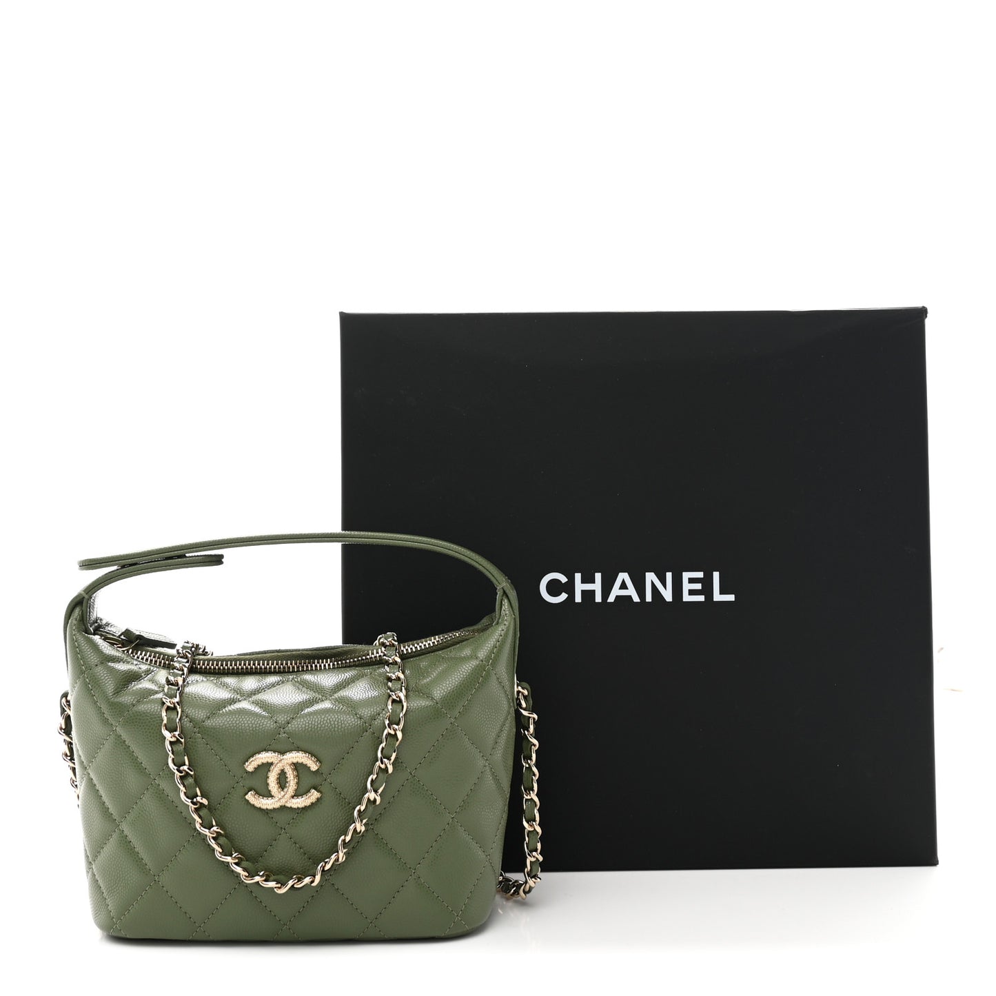 Caviar Quilted Chain Hobo Khaki