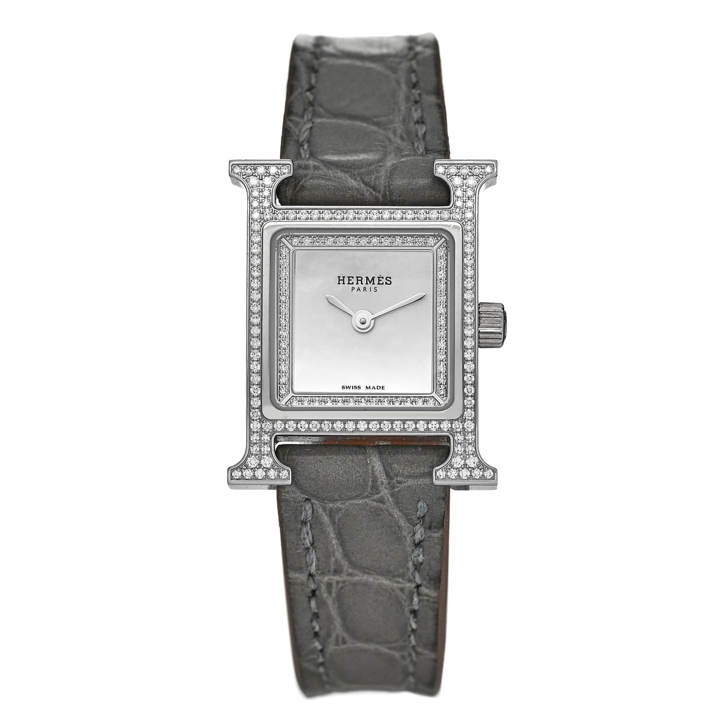 Stainless Steel Alligator Diamond Bezel Mother of Pearl 17.2mm Heure H Hour Quartz Watch Gris Perle