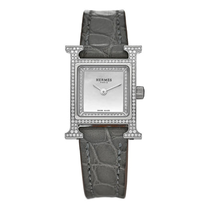 Hermes Stainless Steel Alligator Diamond Bezel Mother of Pearl 17.2mm Heure H Hour Quartz Watch Gris Perle 1 of 5