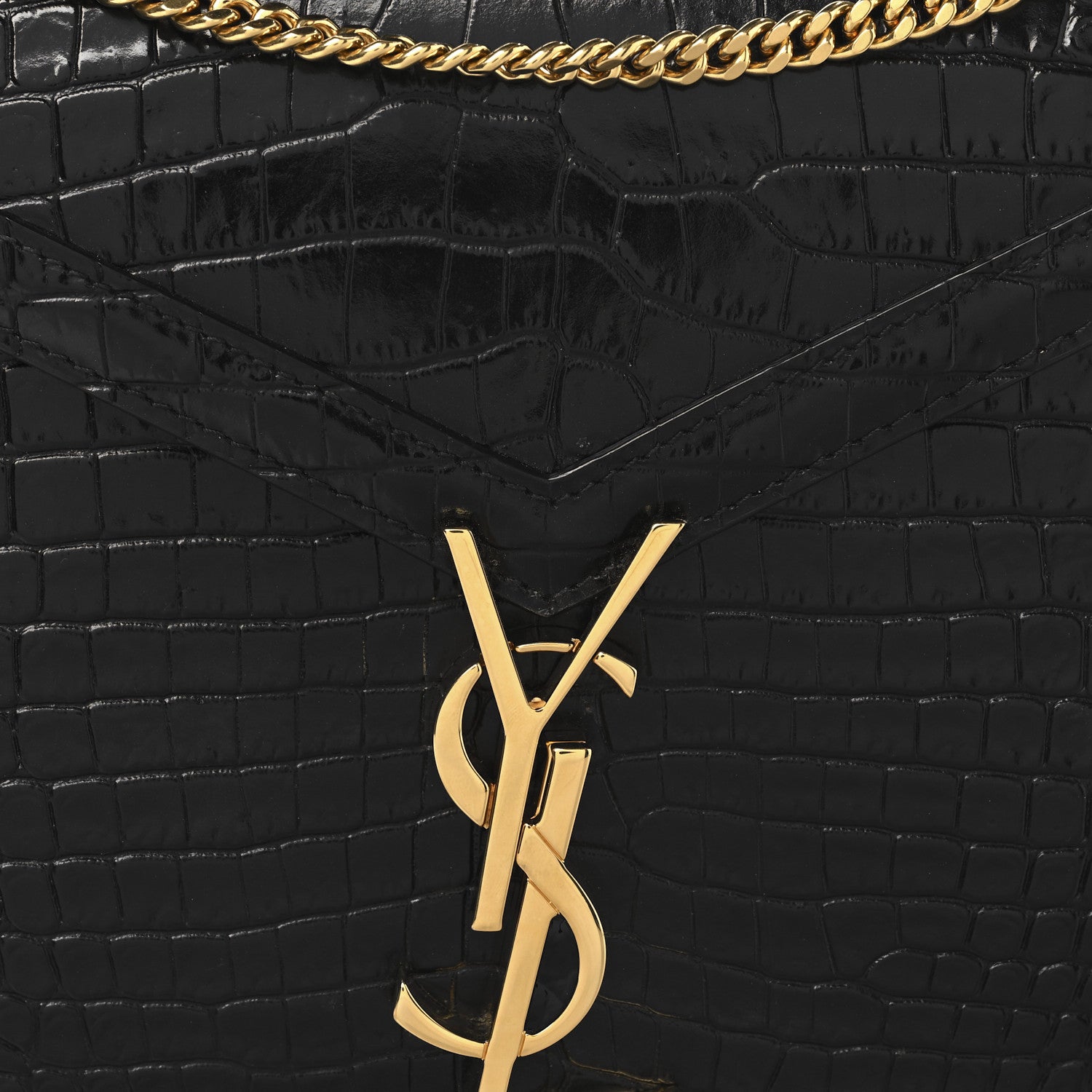 Saint Laurent Calfskin Crocodile Embossed Monogram Cassandra Clasp Bag Black Rouge Legion 8 of 10