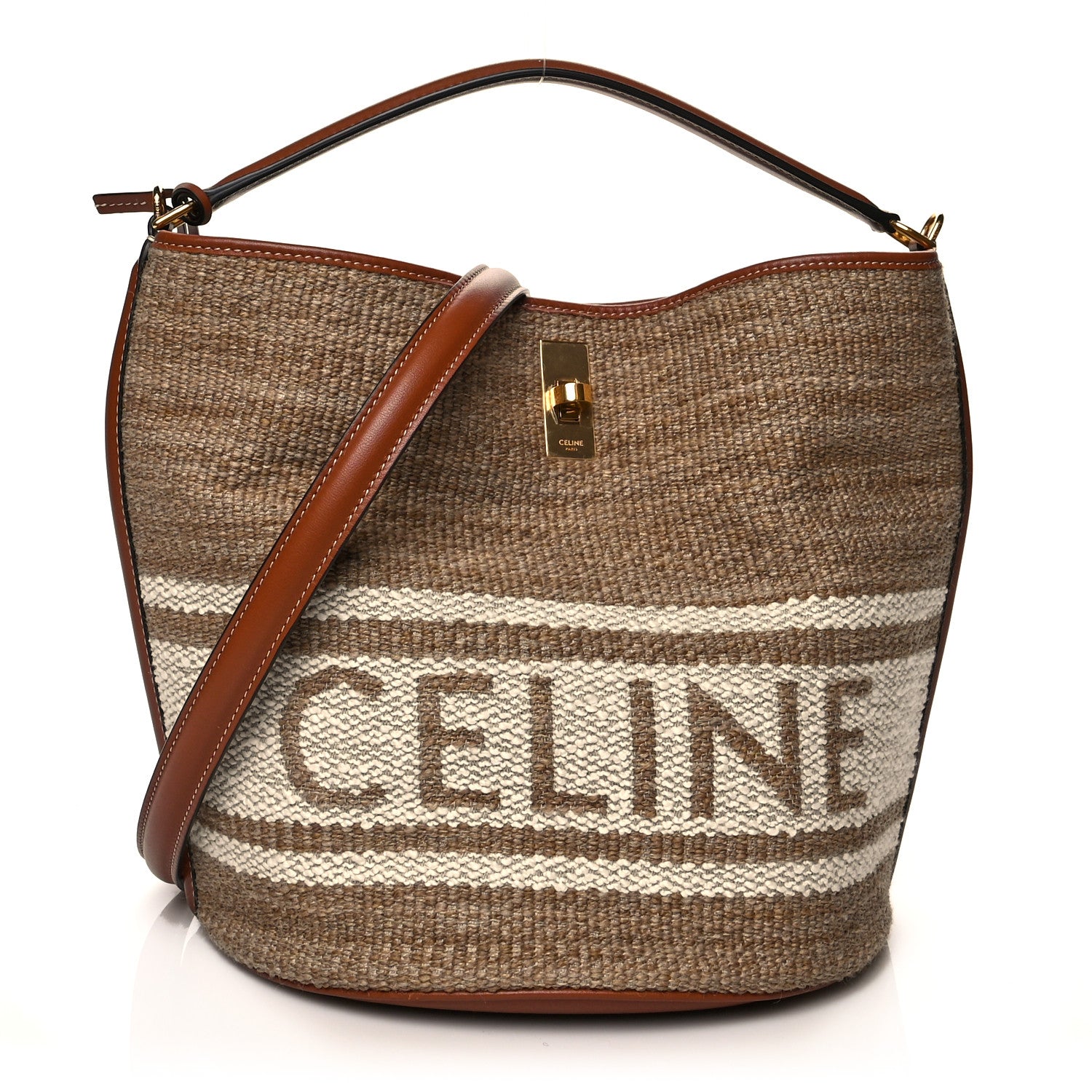 Celine Canvas Smooth Calfskin Logo Bucket 16 Bag Beige Tan 1 of 10