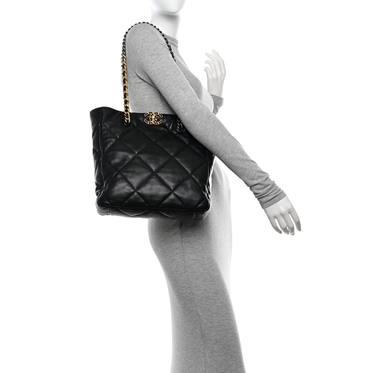 Lambskin Quilted Chanel 19 Shopping Bag Black