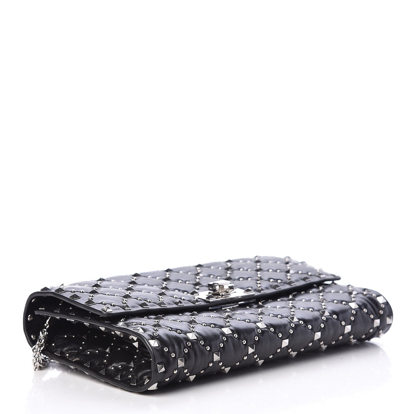 Lambskin Beaded Rockstud Spike Wallet on Chain Black