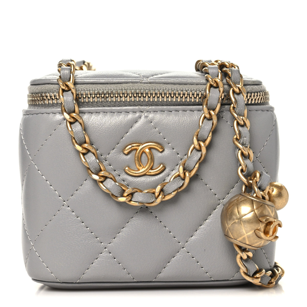 Lambskin Quilted Pearl Crush Mini Vanity Case With Chain Grey