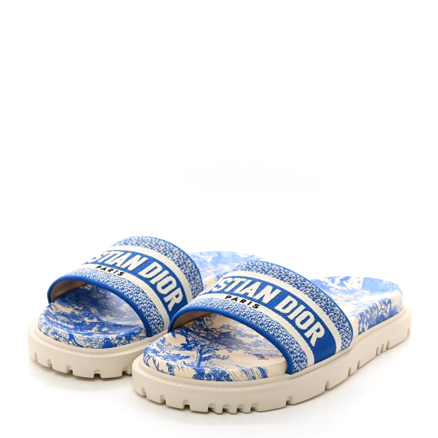 Canvas Toile de Jouy Embroidered Dway 10mm Slide Sandals 38 Off White Blue