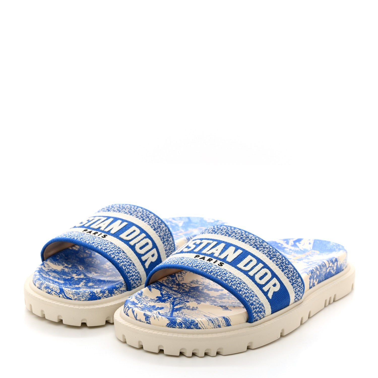 Christian Dior Canvas Toile de Jouy Embroidered Dway 10mm Slide Sandals 38 Off White Blue 3 of 9