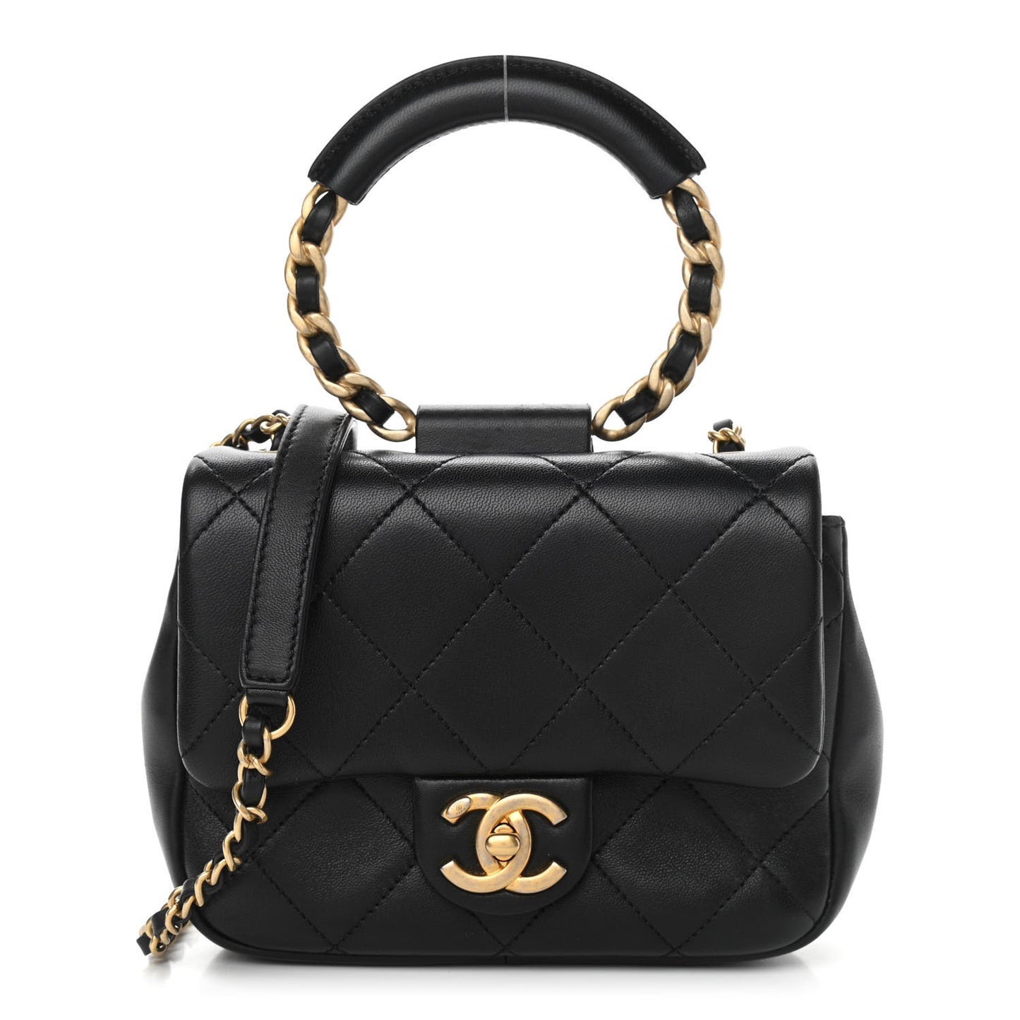 Lambskin Quilted Small Circular Handle Bag Black