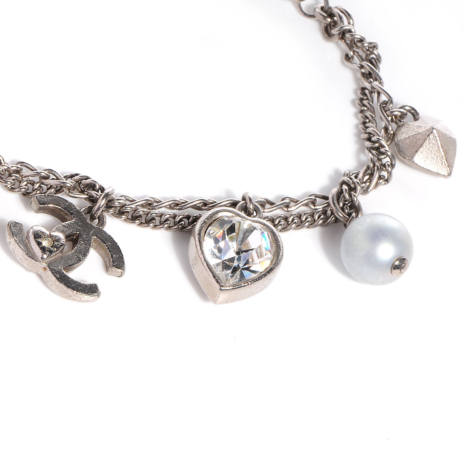 Chanel Crystal Pearl Heart CC Charm Bracelet Silver 3 of 4