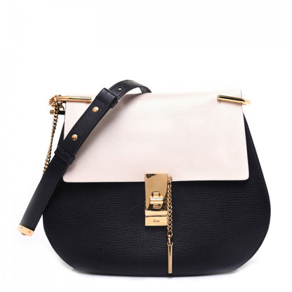 Chloe Grained Calfskin Lambskin Bi-Color Medium Drew Shoulder Bag Black Powder Beige 1 of 15