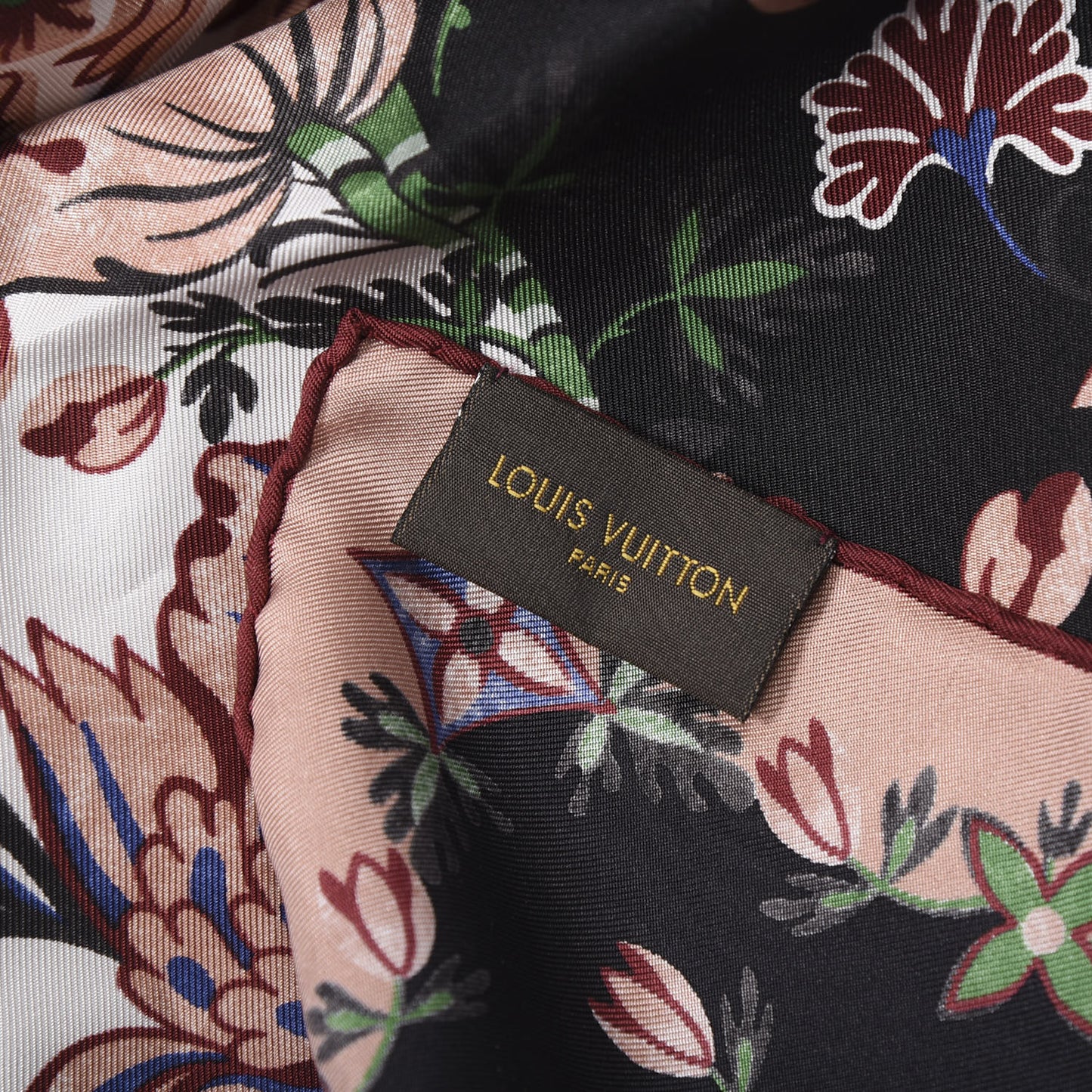 Silk Floral Square Scarf Black Pink