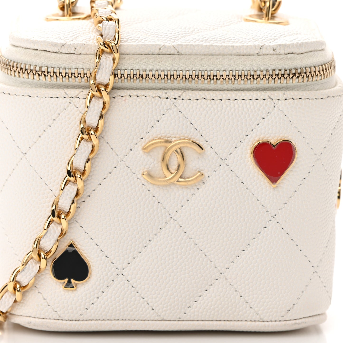 Caviar Quilted Enamel Coco Casino Mini Vanity Case With Chain White