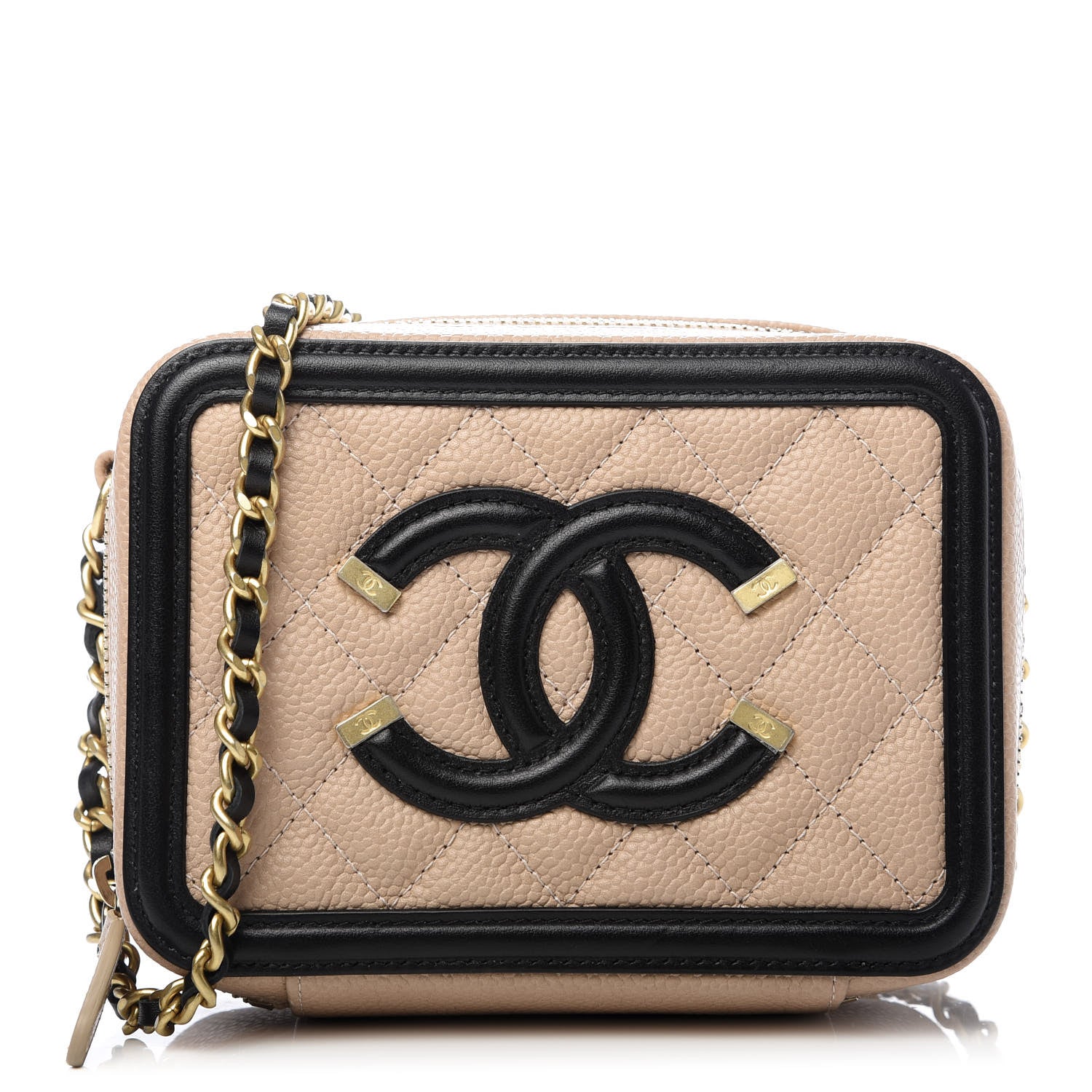 Chanel Caviar Quilted CC Filigree Vanity Clutch With Chain Beige Black 1 of 9