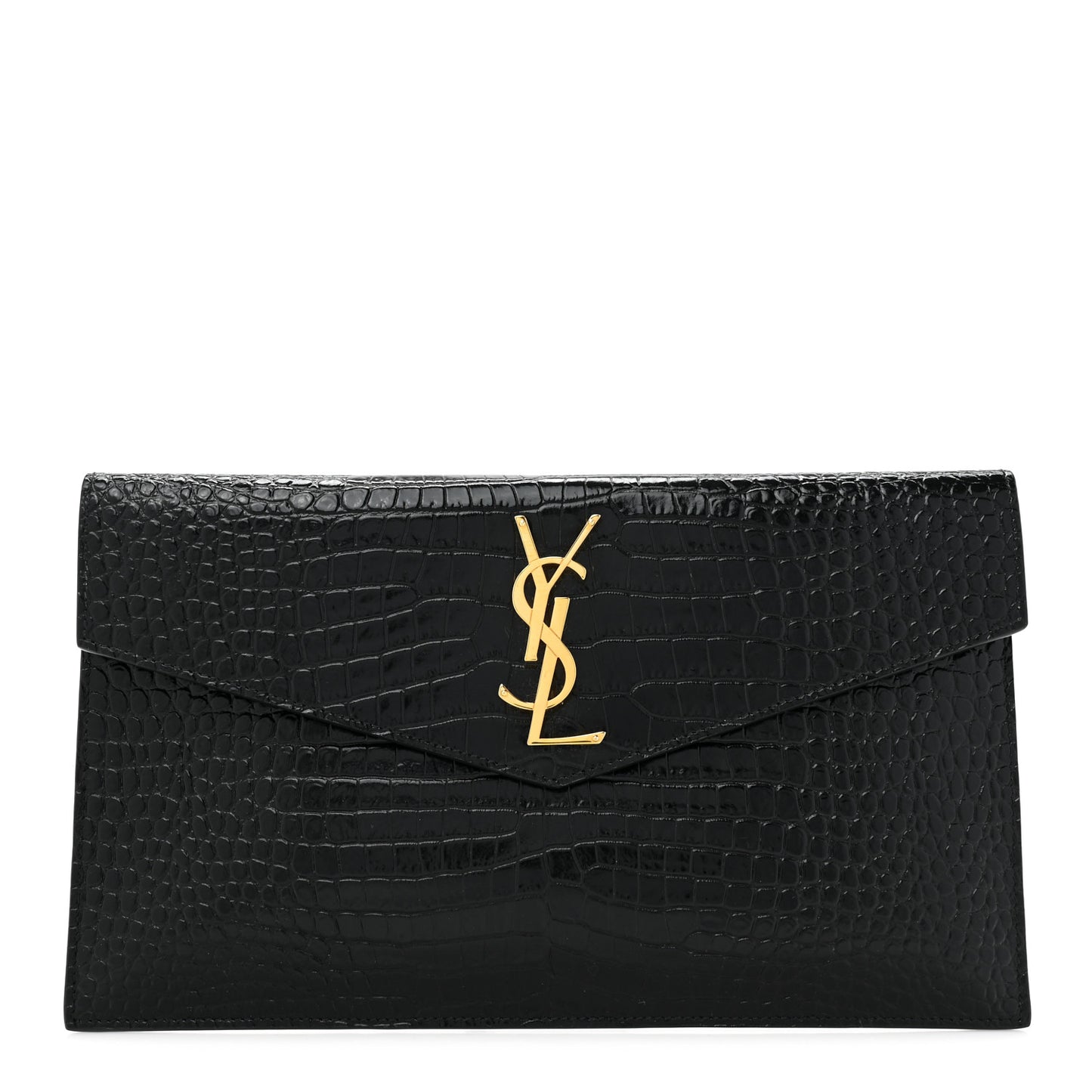 Calfskin Crocodile Embossed Uptown Monogram Clutch Black