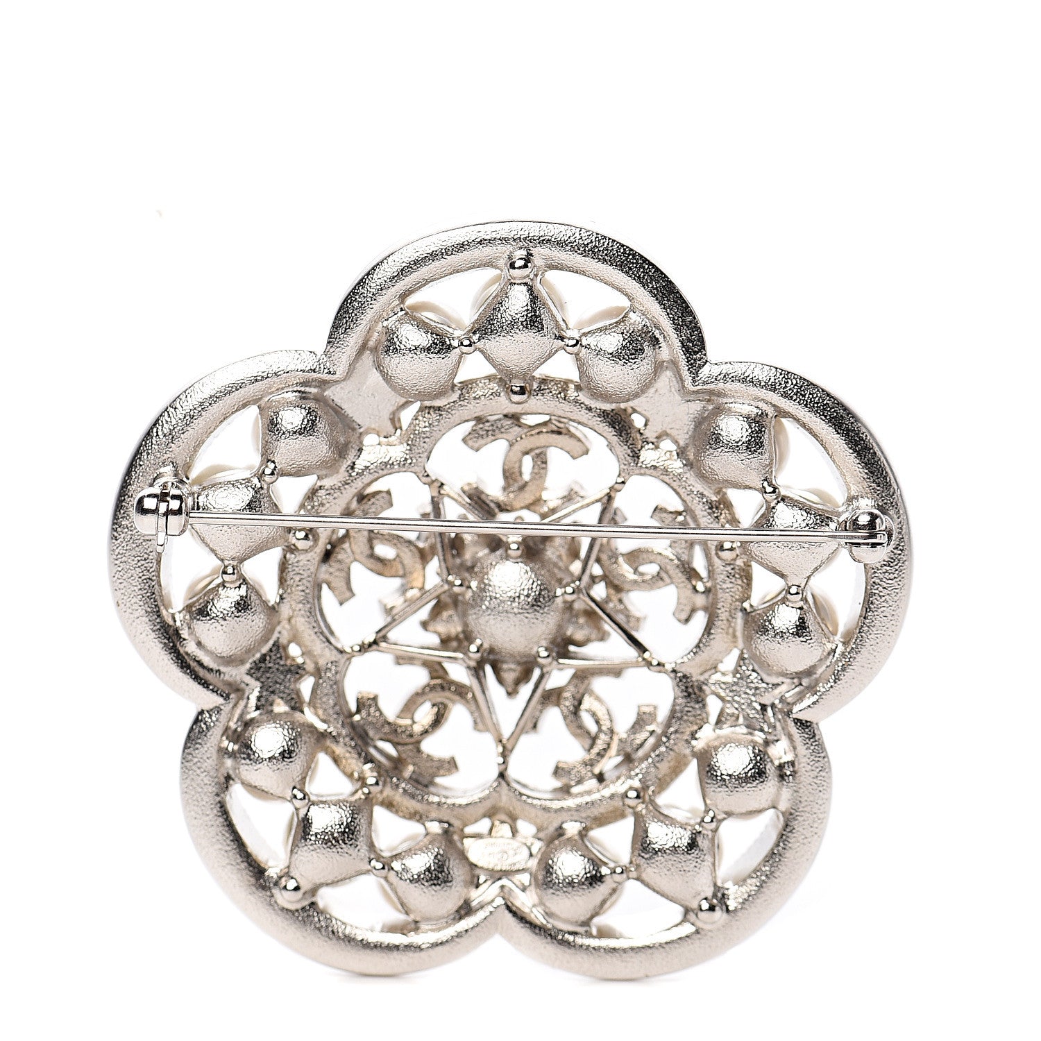 Chanel Crystal Pearl Flower CC Brooch Silver 2 of 4