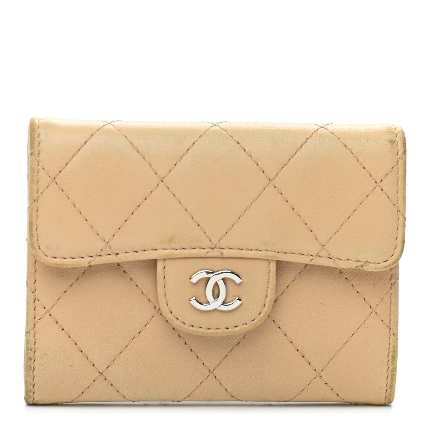 Lambskin Quilted Flap Card Holder Wallet Beige