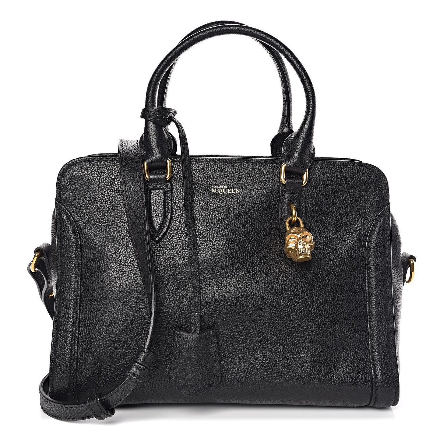 Pebbled Calfskin Small Skull Padlock Zip Around Tote Black