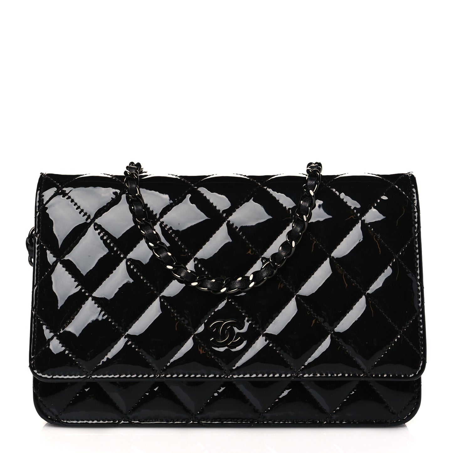 Patent Quilted Wallet On Chain WOC Black