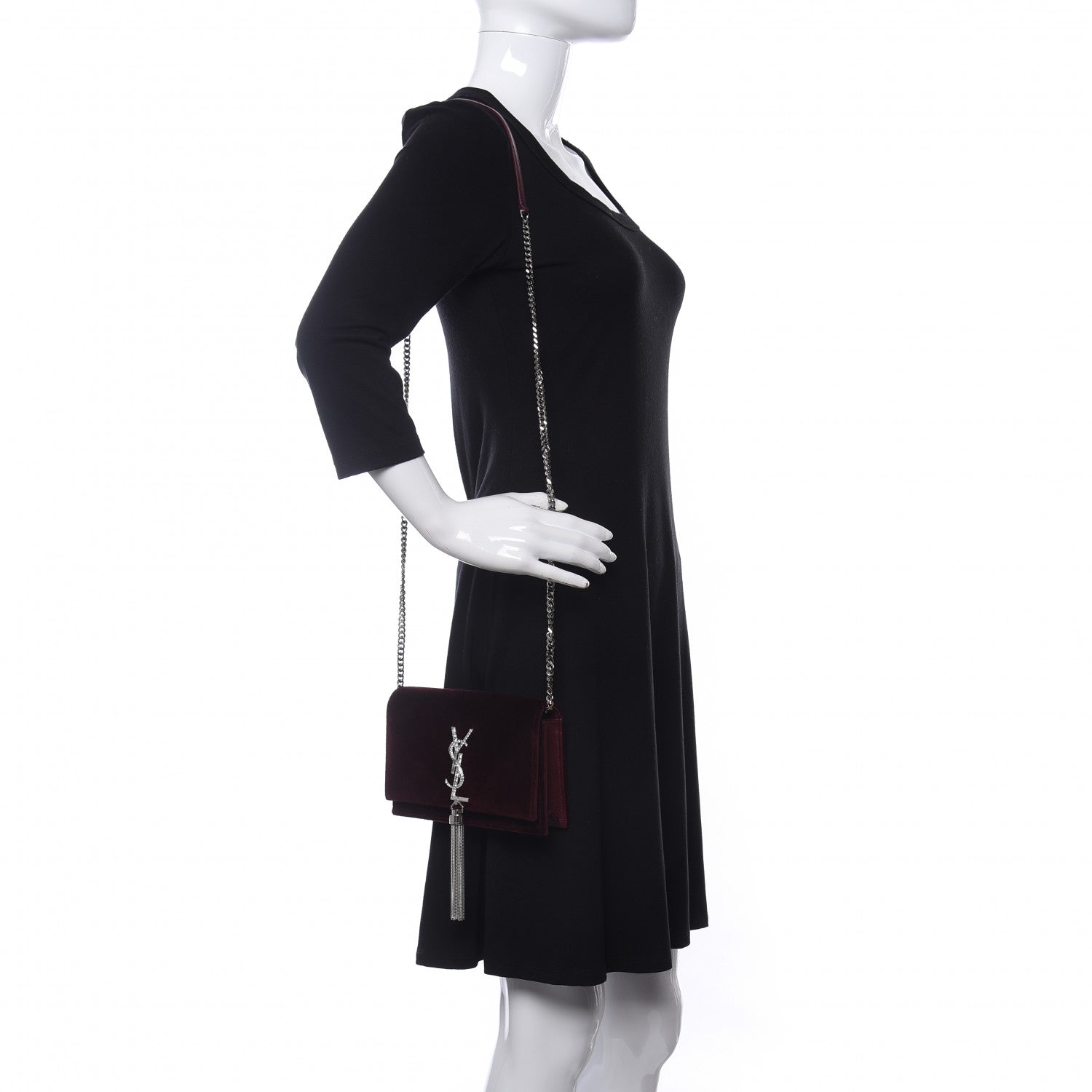 Saint Laurent Velvet Crystal Monogram Kate Tassel Shoulder Bag Burgundy 2 of 9