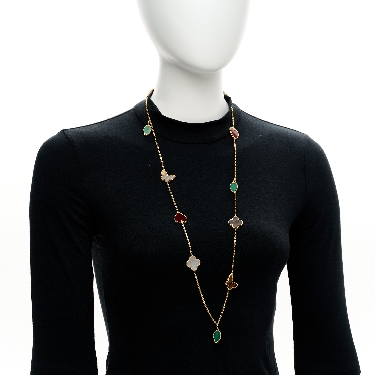 Van Cleef & Arpels 18K Yellow Gold Mother of Pearl Malachite Carnelian Tiger Eye 12 Motif Lucky Alhambra Necklace 2 of 5