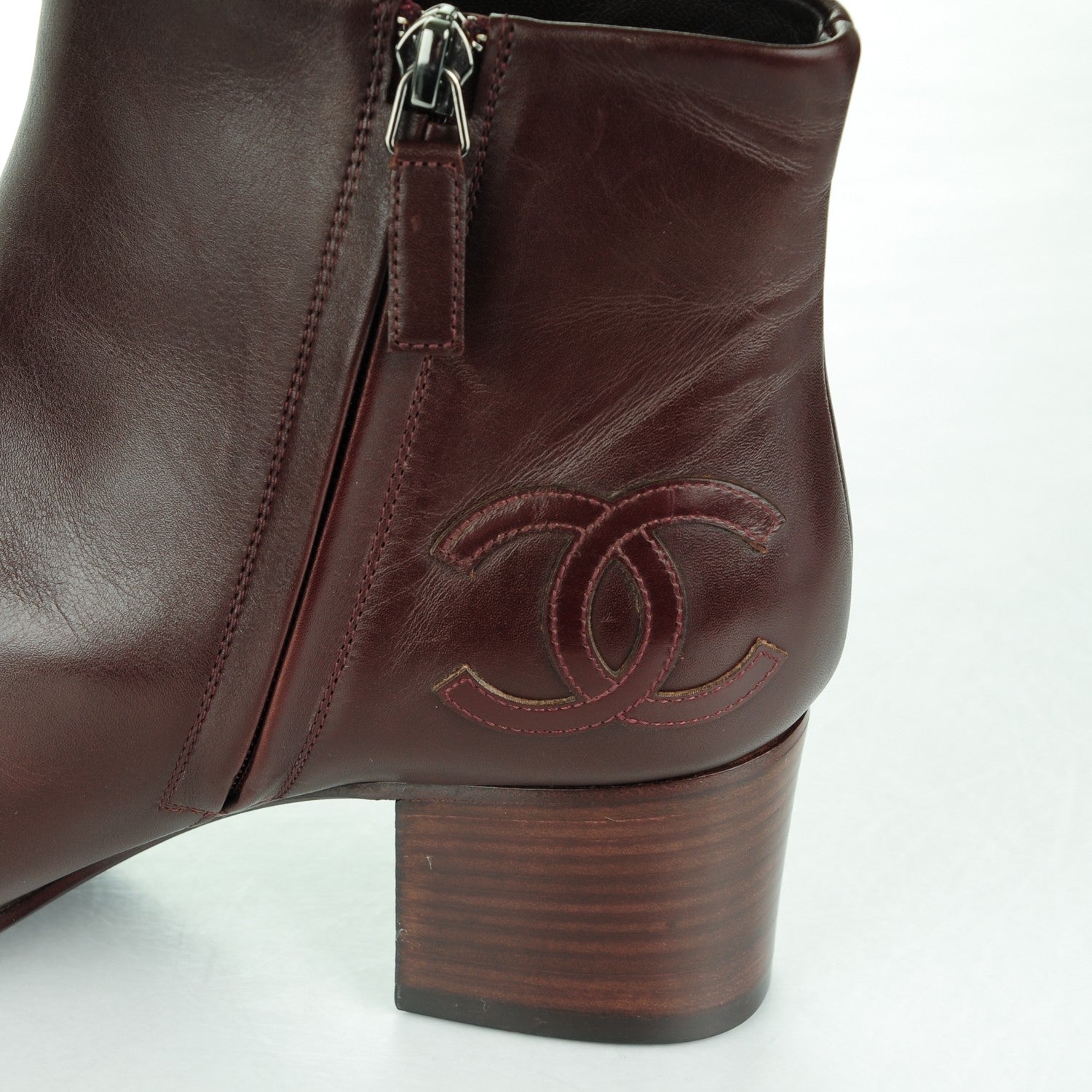 Chanel Lambskin CC Ankle Boots 38.5 Burgundy 5 of 8