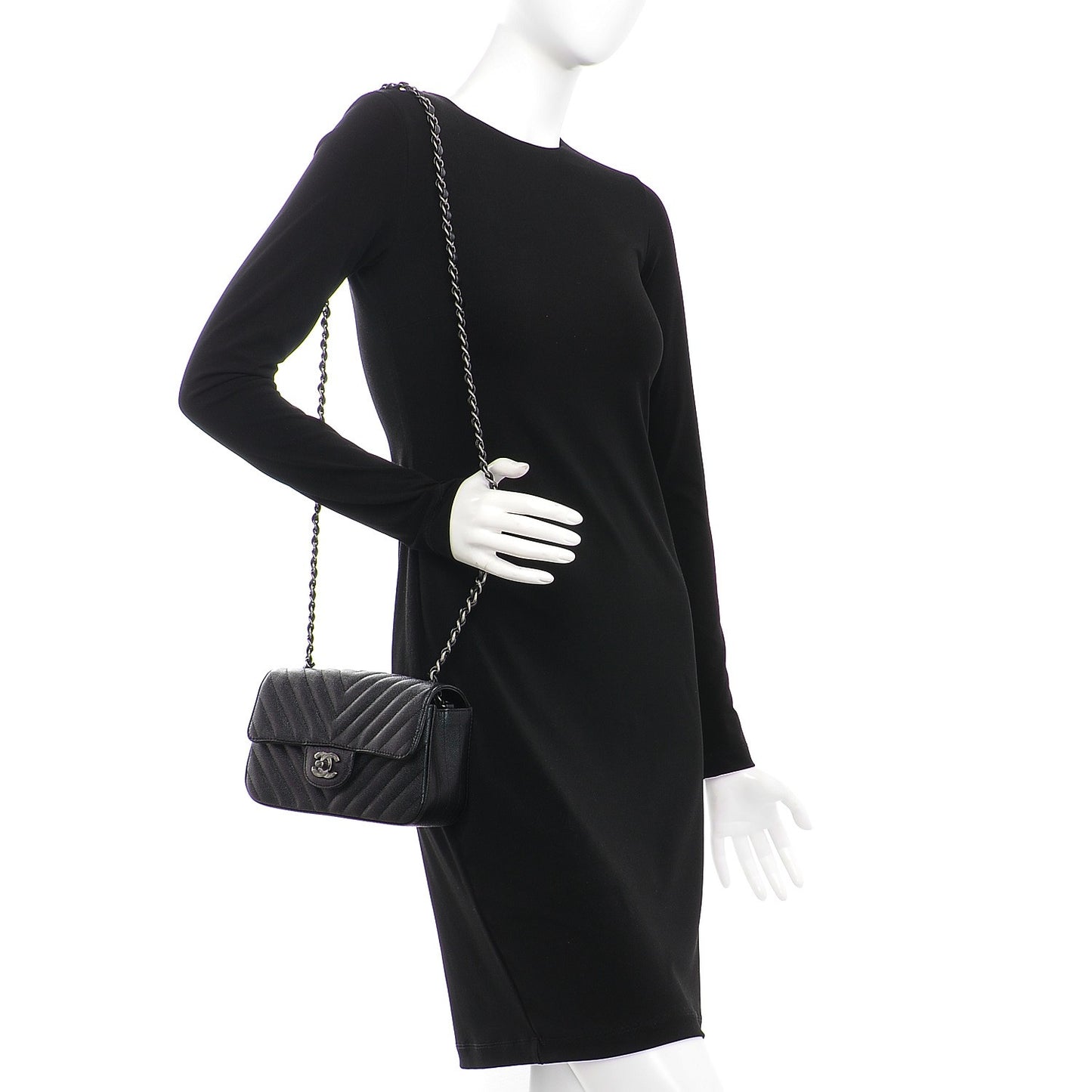 Metallic Caviar Chevron Quilted Mini Rectangular Flap Black