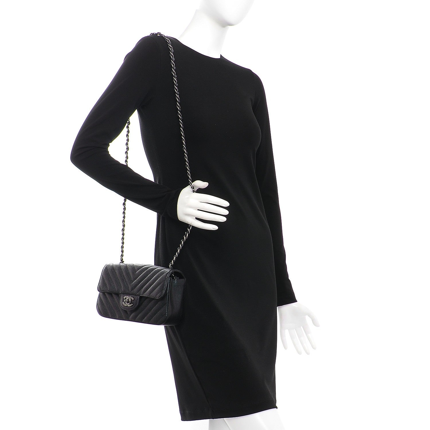 Chanel Metallic Caviar Chevron Quilted Mini Rectangular Flap Black 2 of 9