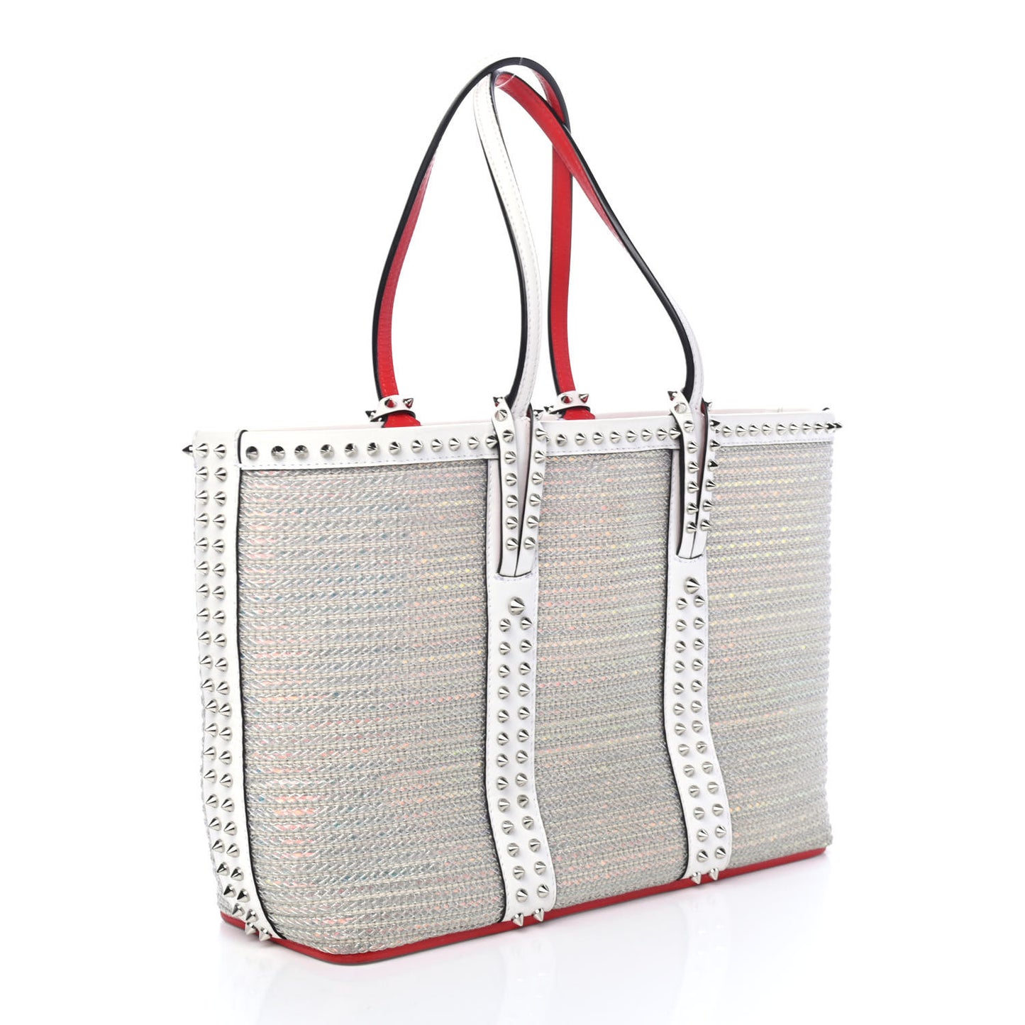 Calfskin Metallic Straw Spikes East West Cabata Tote White