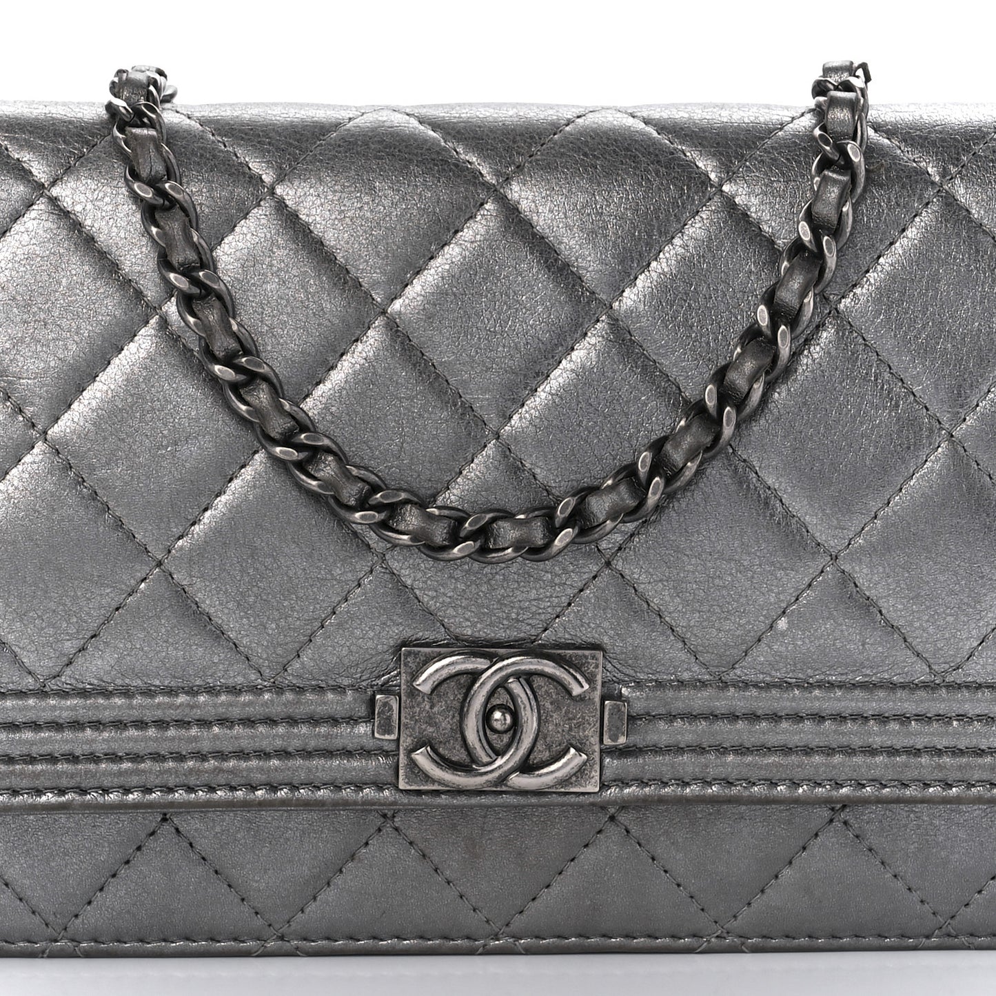 Metallic Calfskin Quilted Boy Wallet On Chain WOC Silver