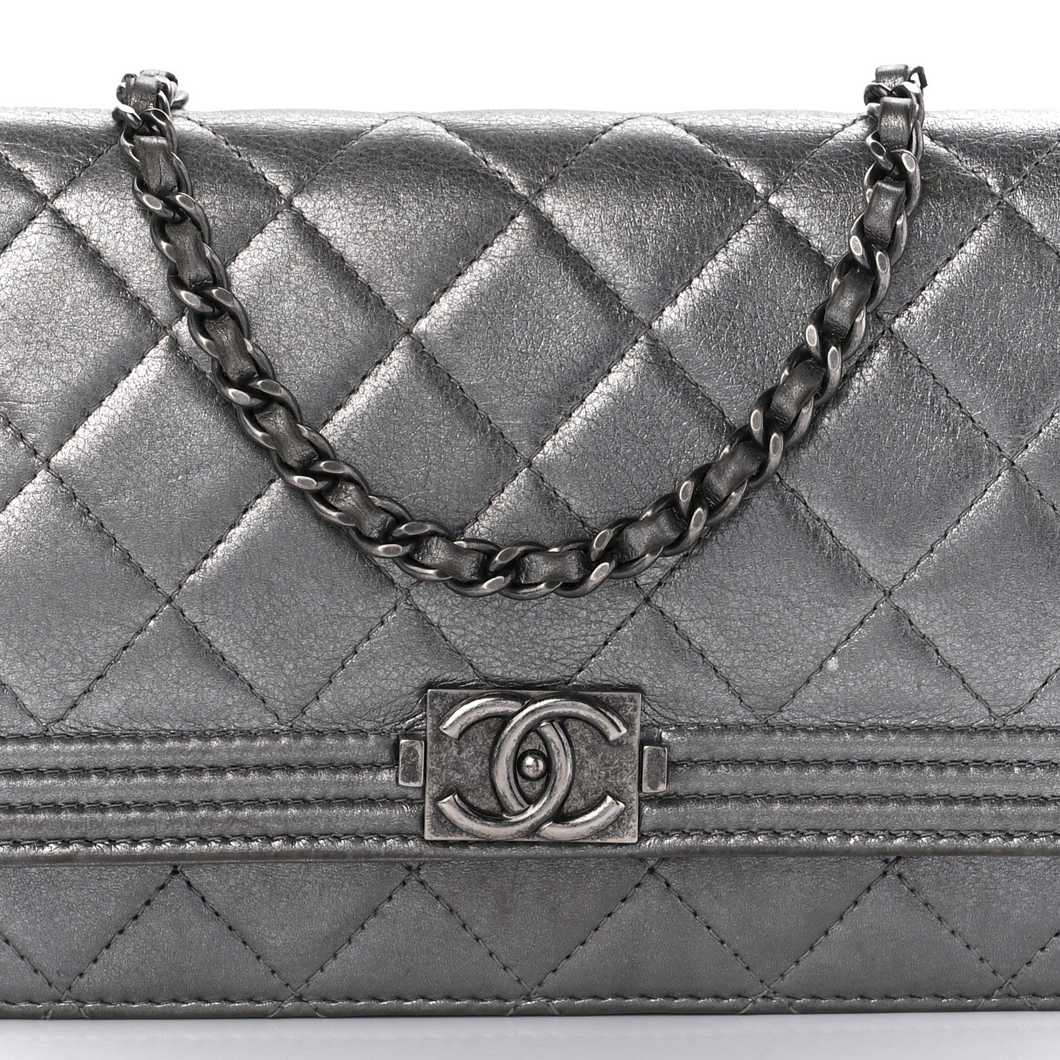 Chanel Metallic Calfskin Quilted Boy Wallet On Chain WOC Silver 7 of 8