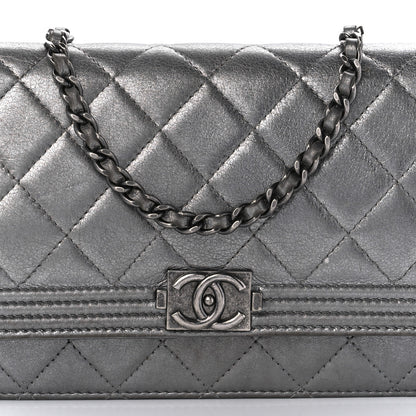 Chanel Metallic Calfskin Quilted Boy Wallet On Chain WOC Silver 7 of 8