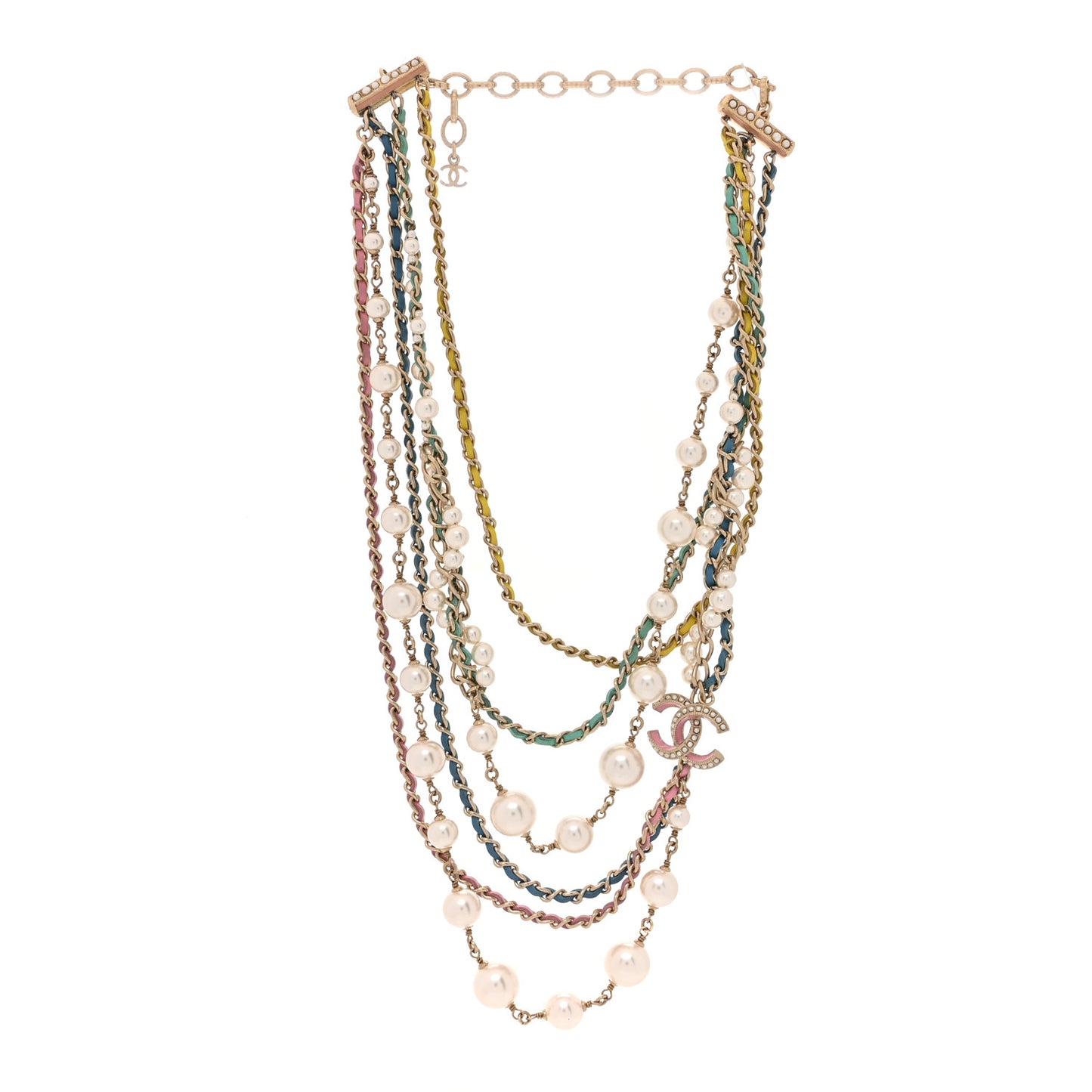 Pearl Crystal Lambskin CC Short Multi Strand Necklace Gold Multicolor