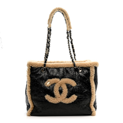 Chanel Shiny Crumpled Sheepskin Shearling CC Mania Tote Bag Black Beige 1 of 11